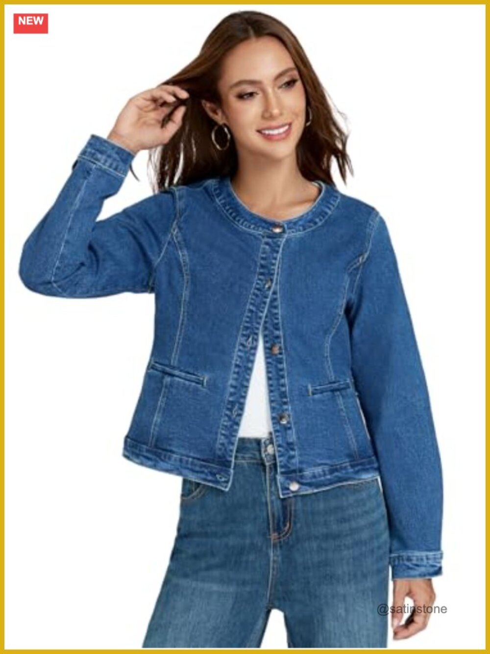 Cropped Denim Jacket Women Stretch Collarless Slim Fit Jean Jacket